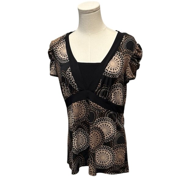 Y2K Babydoll Christopher & Banks Brown Short Sleeve Top Geometric Womens Medium - Picture 3 of 12